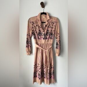 Vintage 80s Shirtdress, Floral Design In Beige/Pink/Lilac, Size 8